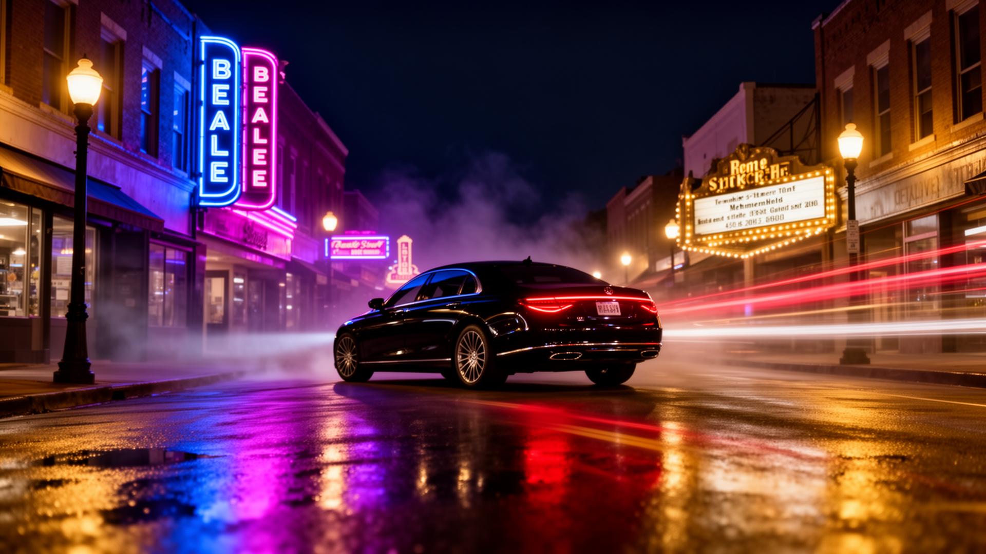 Luxury sedan on Beale Street at night with neon Memphis storefront signs